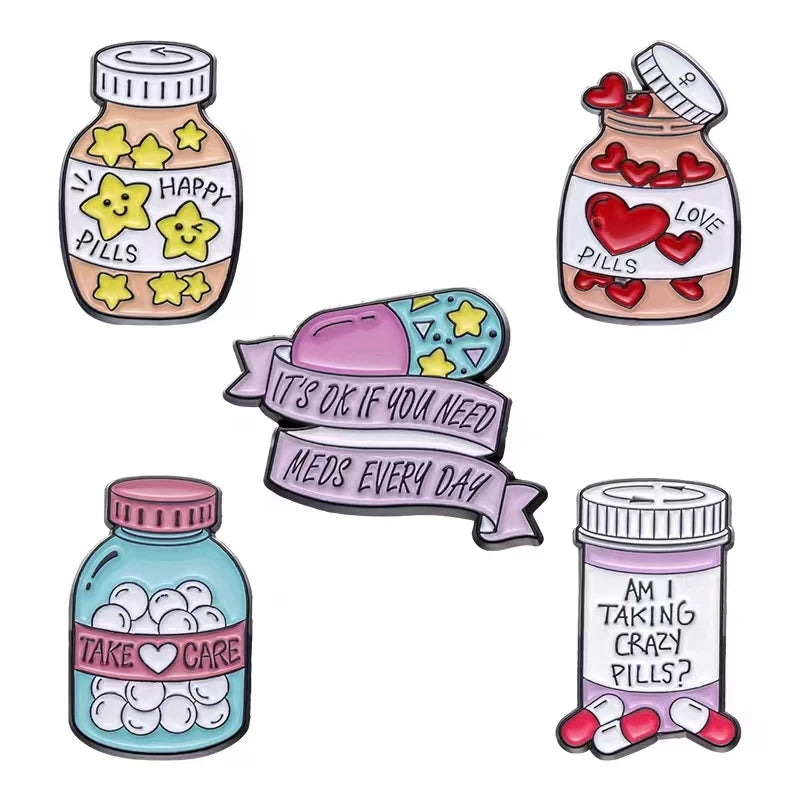 5-Piece Self-Care Pills Enamel Pin Set Collection