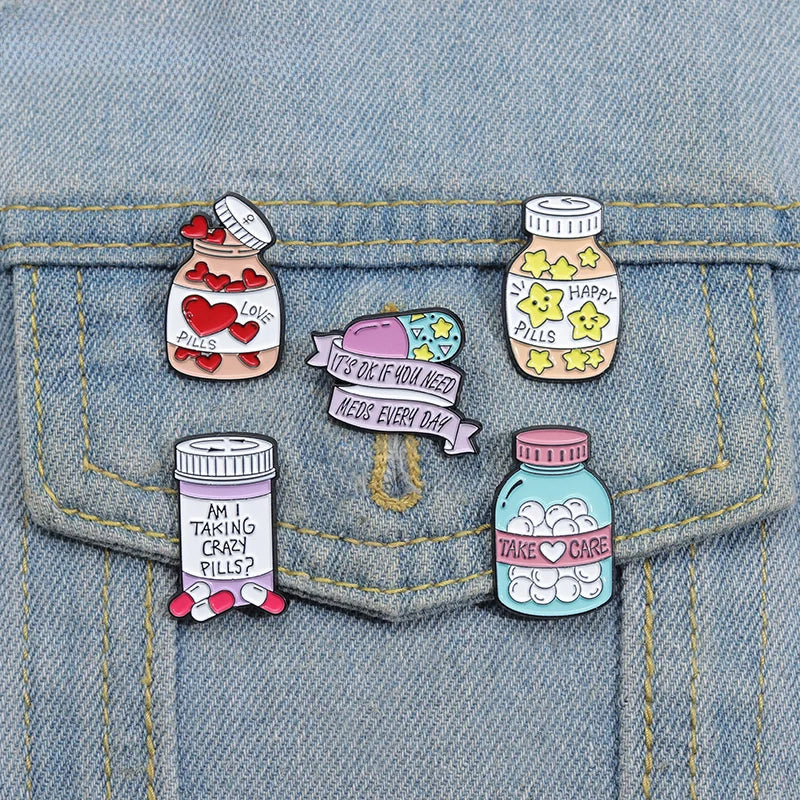 5-Piece Self-Care Pills Enamel Pin Set Collection