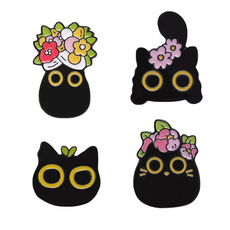 4-Pcs Flower Black Cat Enamel Pin Collection