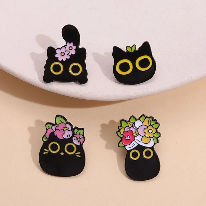4-Pcs Flower Black Cat Enamel Pin Collection